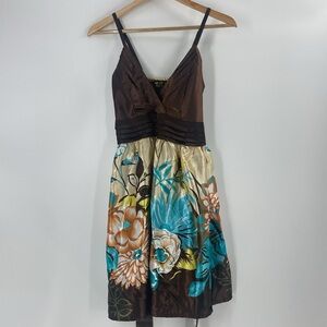 Pussycat London criss cross bodice spaghetti strap brown and floral dress